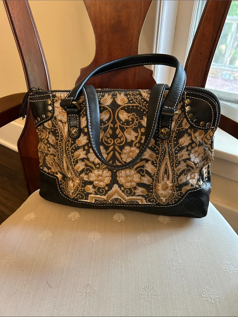 Patricia Nash Black and Gold Embroidered Satchel - Picture 1 of 11